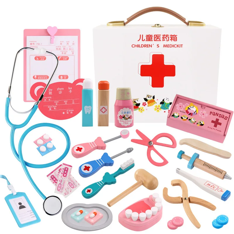 Medical toy box dentist injection medicine kit Wooden simulation play house almighty doctor nurse toy