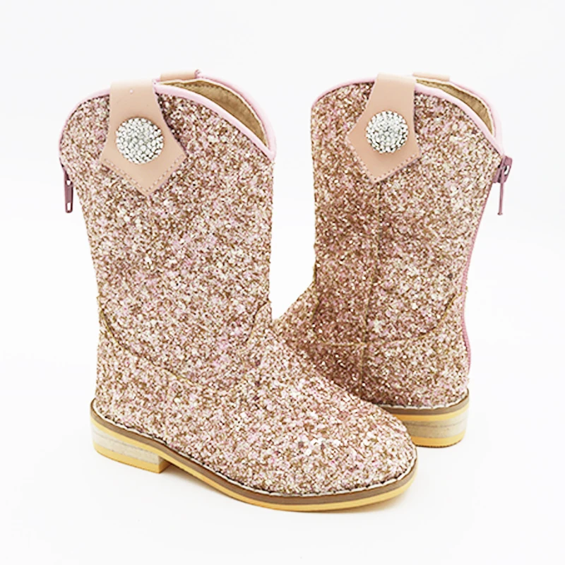 Hot sale shiny girls casual cowboy boots high quality fashion kids leather boots