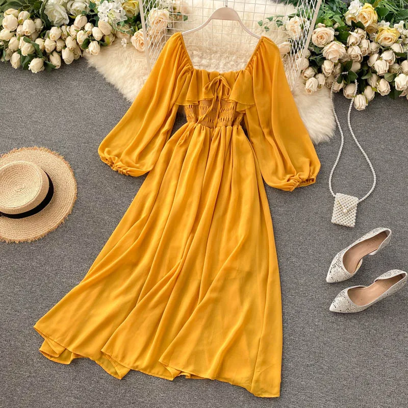 Vestido осень шикарные повседневные платья с длинными рукавами для женщин девушек элегантное французский в ретро-стиле квадратным вырезом буффами на рукавах длинное платье
