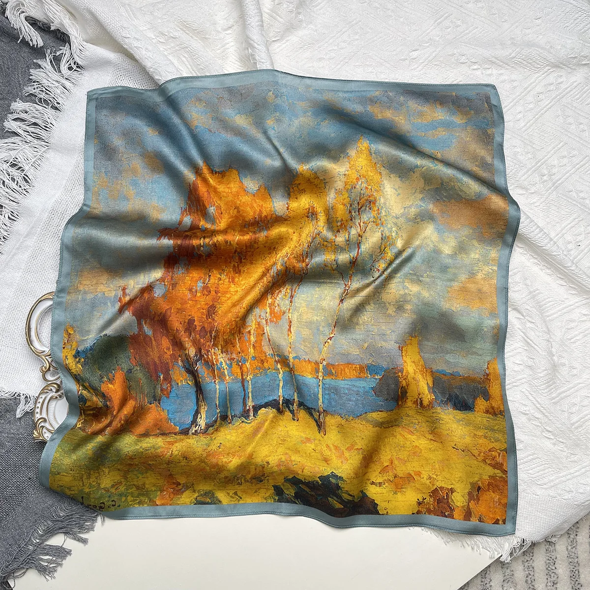 Oil painting style white birch forest printed silk 53cm small square towel summer everything temperament 100% mulberry