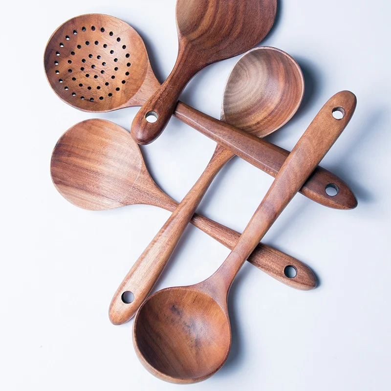 Natural Teak Wood Utensils WoodKitchen Cooking Tools, Uncoated Dishwasher Safety Wooden Kitchen Utensil Set
