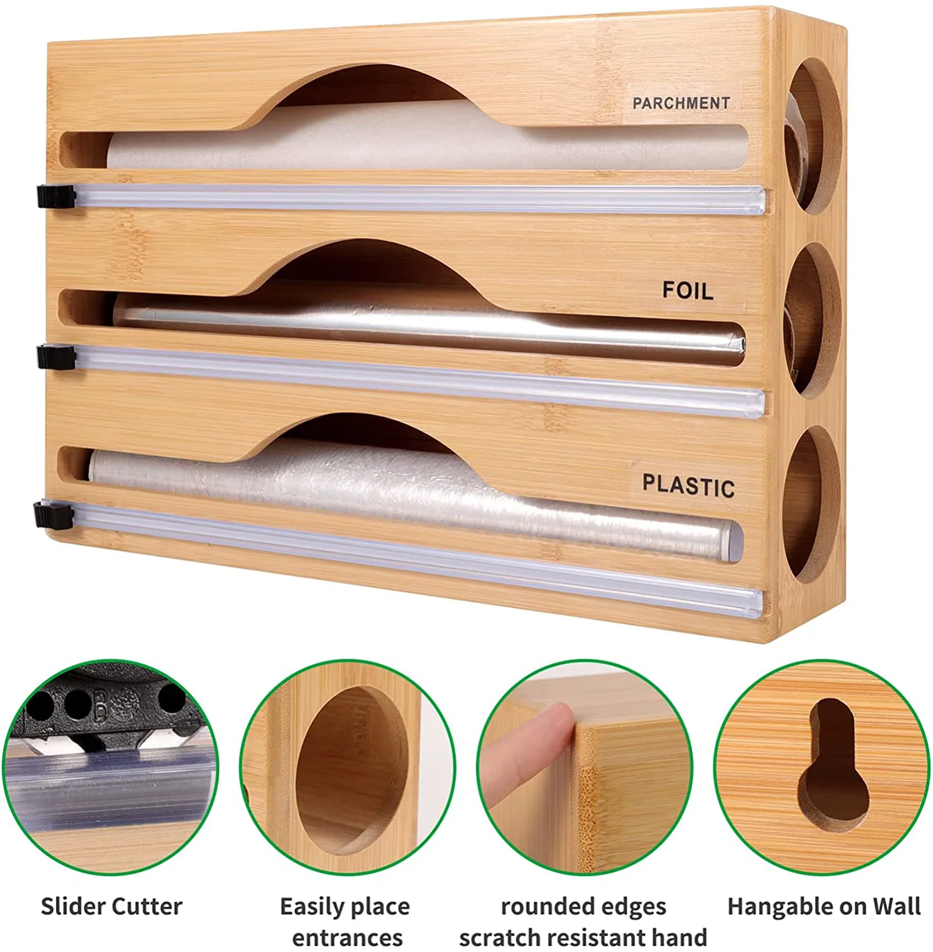 New popular 3 in 1 Foil and Plastic Wrap Organizer Durable Bamboo Plastic Wrap Dispenser Multipurpose Cling Film Storage Box