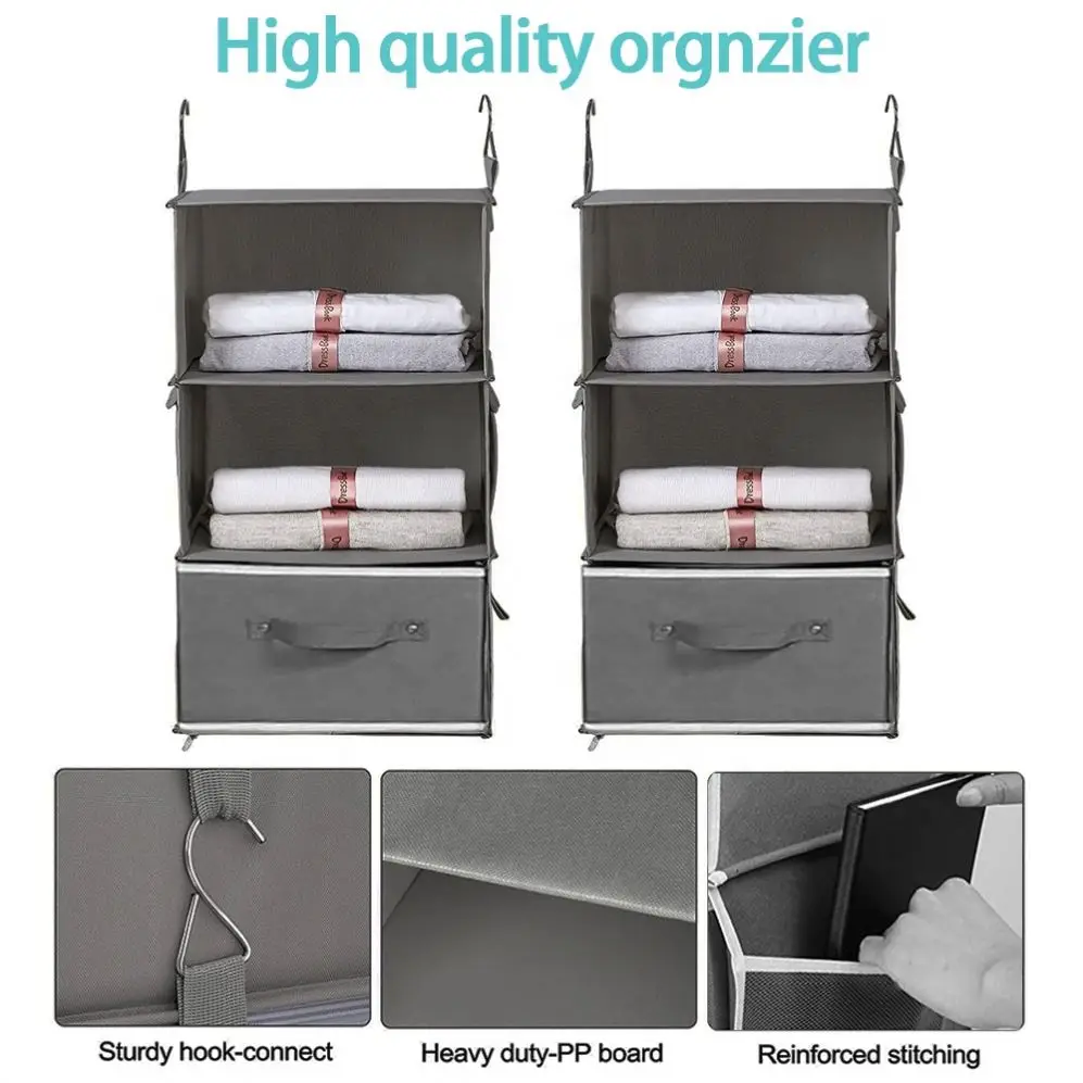 Custom clothes detachable hanging organizer with beside bag 2 separable hanging shelves for wardrobe