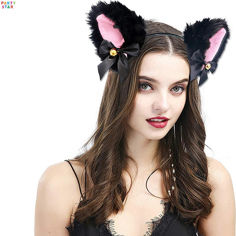 Hot Sale Party Halloween Headband Ribbon Bow Bell Plush Hair Accessories Cute Cat Ears Girl Headdress