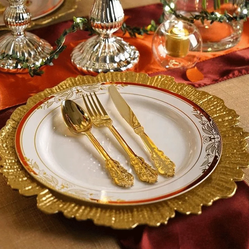 Wholesale Wedding Decoration Supplies Dinnerware Plastic Gold Reef Charger Plates Wedding Christmas Decorate Charger Plate