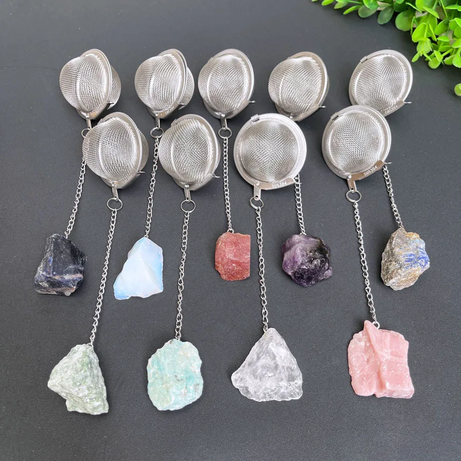 Wholesale Tea Maker Tea Filter Mixed 304 Stainless Steel Natural Gemstone Mixed Raw Quartz Crystal Tea Strainer for Meditation