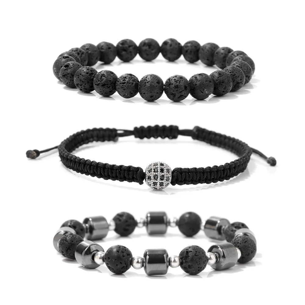 3pcs/set Hematite Stone Barbell Elastic Bracelet Charm Natural Stone Bracelet for Women Men