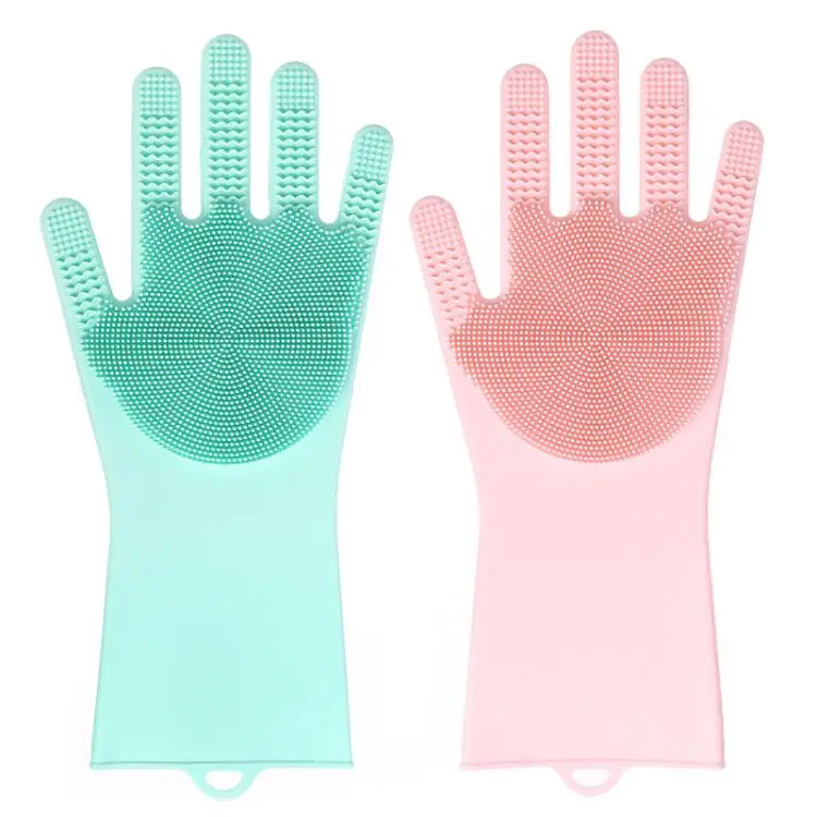 Wholesale Customized Silicone Double-sided Scrubber Gloves Hand Pink Green Household Magic Silicone Dish washing Gloves