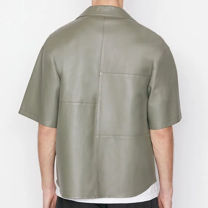 OEM short sleeve drop shoulder double chest pockets zip up plain faux leather shirt hip hop men cowboys plus size workout shirts