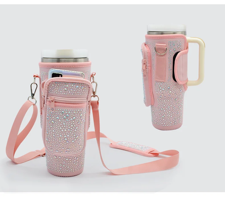 Zipper pouch neoprene 40oz bling rhinestone tumbler cup crossbody sling water bottle carrier bag with shoulder strap for stanley