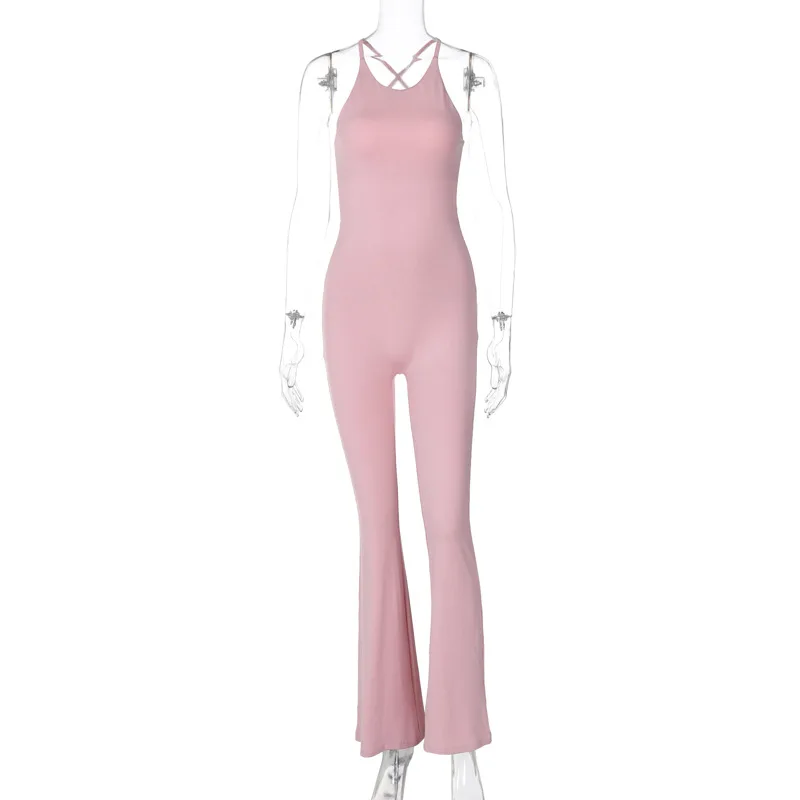 HANO Fashion New Sleeveless Neck Halter Solid Color One Piece Rompers Women Jumpsuit Backless Full Length Casual Sports Female J
