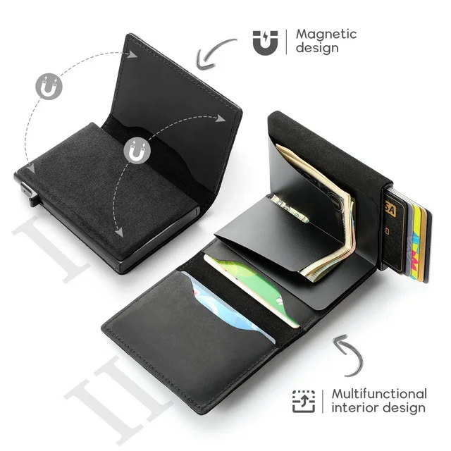 Pop Up Wallet Genuine Leather Rfid Wallet Back With Airtag Tracker Protector Case Automatic Sliding Wallet