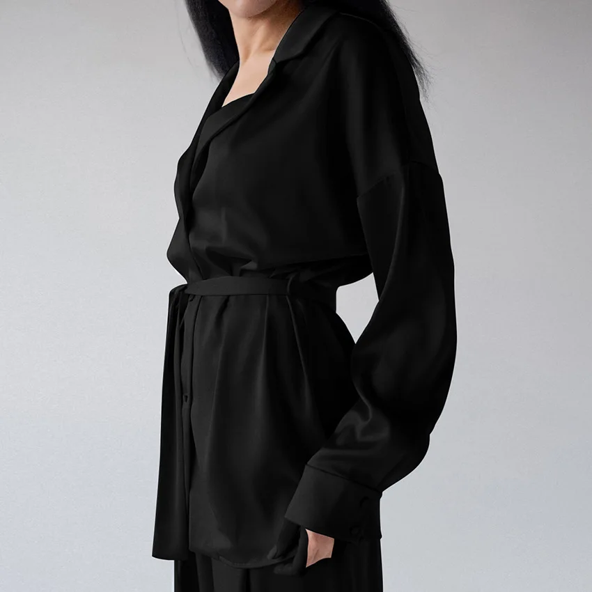 2022 New arrivals women silk sleepwear two piece home wear long sleeve robe with belt luxury satin pajamas