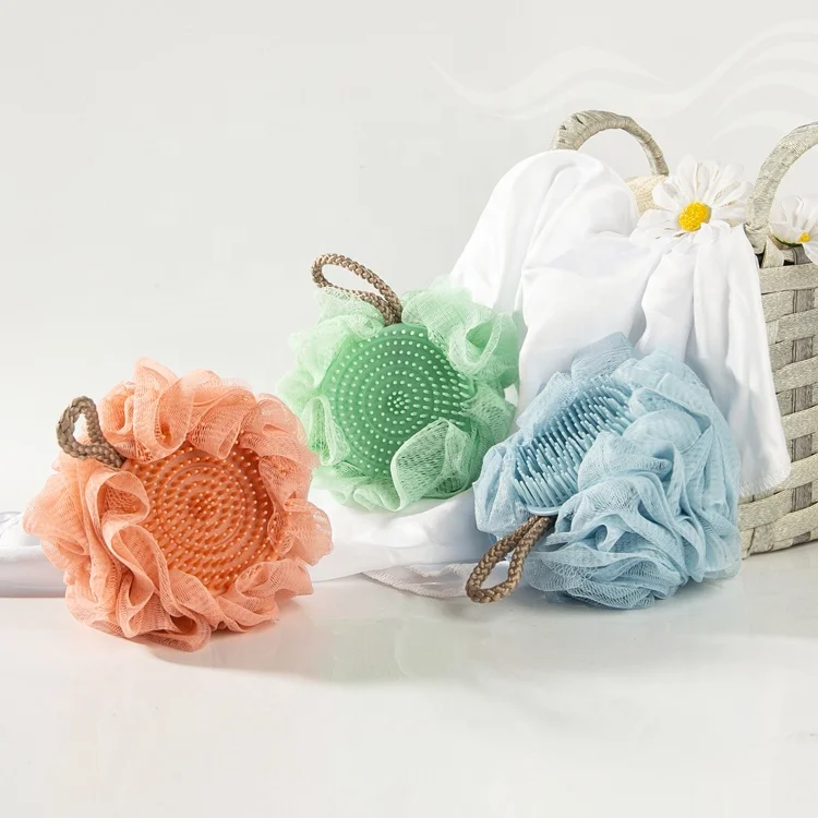 GLOWAY Handheld Double Side Multi-Functional 2-In-1 Hair Scalp Massager Shampoo Brush Loofah Mesh Bath Sponge Shower Sponge Ball