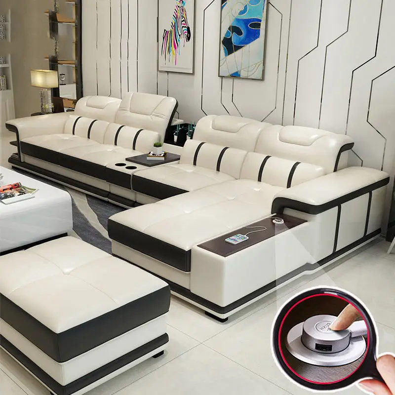 2022 cheap living room furniture sofas sectionals L shape leather sofa set with customize material function table