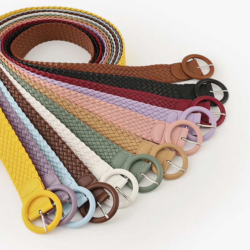 Fashion PU lady elastic belt, women fashion weaving colored leather belt
