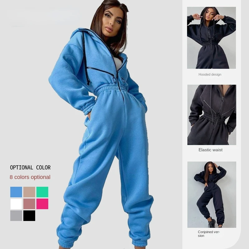 Winter Sweatshirt Hooded Jumpsuits Front Zip Long Sleeve Women Jumpsuits Playsuit Casual Thick Warm Female Jumpsuit Fall 2024