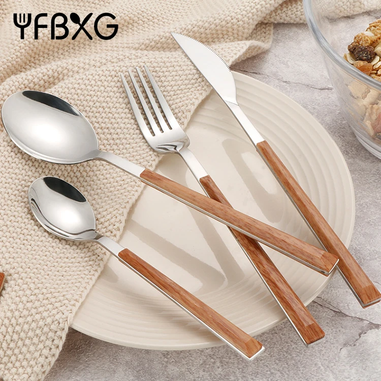 Western High Quality Stainless Steel Silverware Knife Fork and Spoon ABS Plastic Wooden Handle Flatware Cutlery Set Restaurant