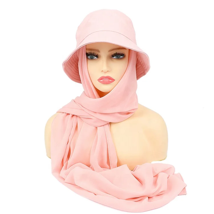 Fashion ladies instant plain chiffon hijab fisherman hats head scarf for muslim women bucket hat cap scarf