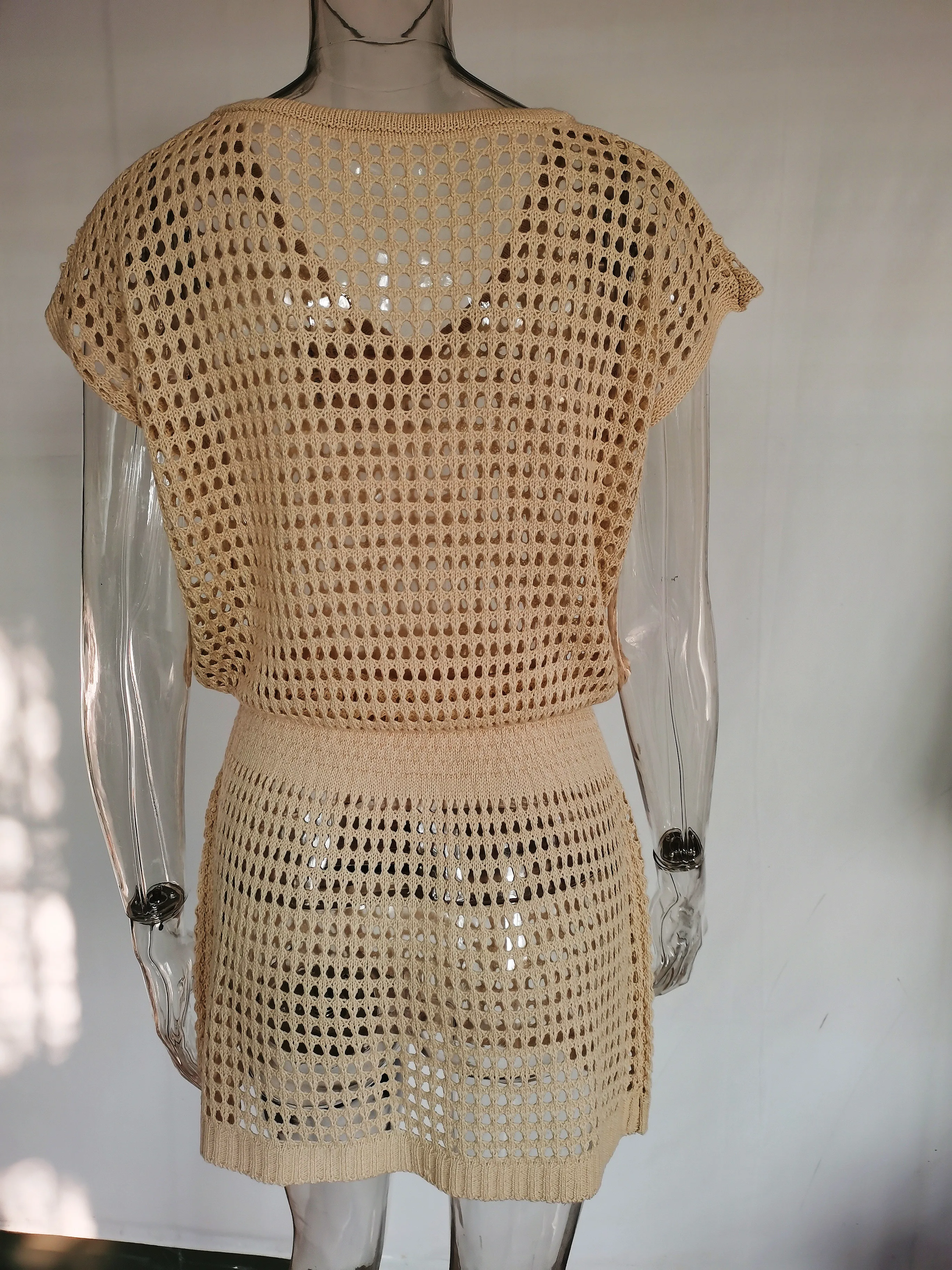 wholesale short sleeve hollow out cover ups beach dresses women  plus size knitted swimwear dress summer 2023