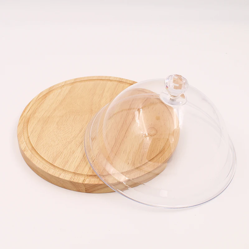 Cake Serving Plate with Dome Wood Dessert Stand Tray Pastry Cheese Display Glass Dome Cloche Plate