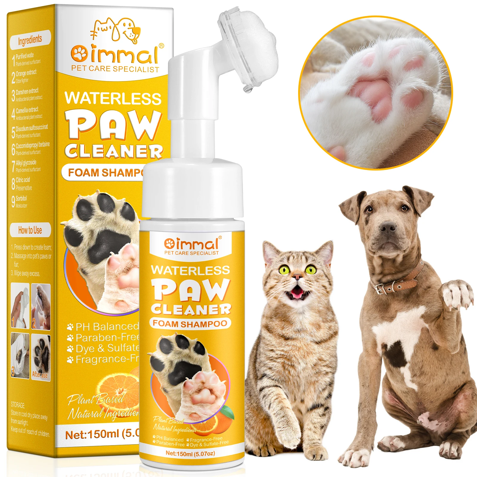 Private Label 150ml Waterless Cleanser Pet Paw Feet Cleaning Shampoo Paw Cleaner Foam with Silicone Brush for Dogs Cats