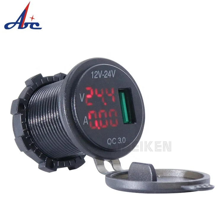 QC3.0 Fast Charger  24V Car Panel Voltmeter Ammeter USB Car Charger with Universal LED Digital Voltmeter Ammeter