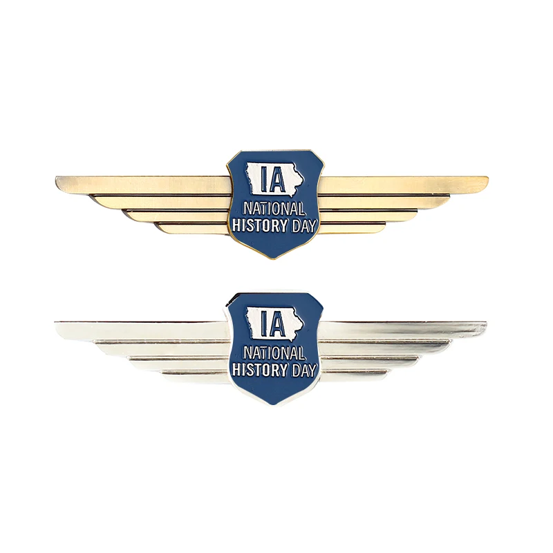 Custom plain shield Logo airplane gold silver eagle wings pin badge  wing pin badge blank emblem badge
