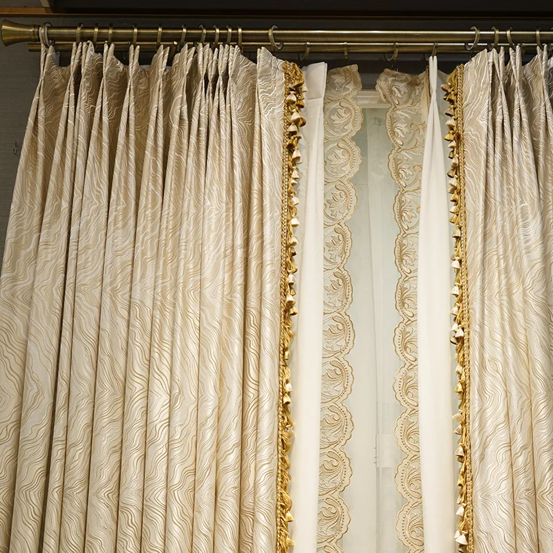 European-style high-end light brown flannel curtains beige embroidered villa shading custom curtains