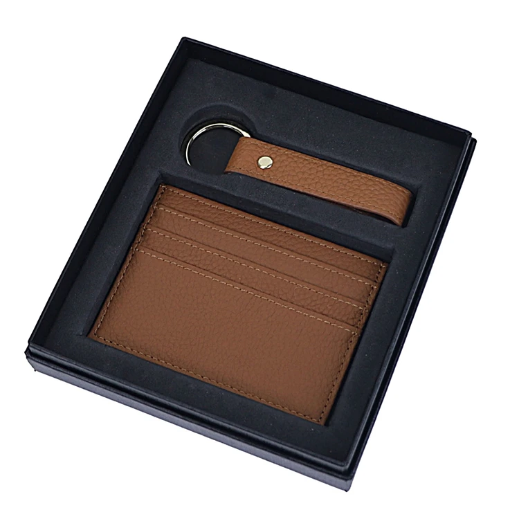 Premium Quality Corporate Gifts Set Genuine Leather Card Holder And Keychain For Man Woman