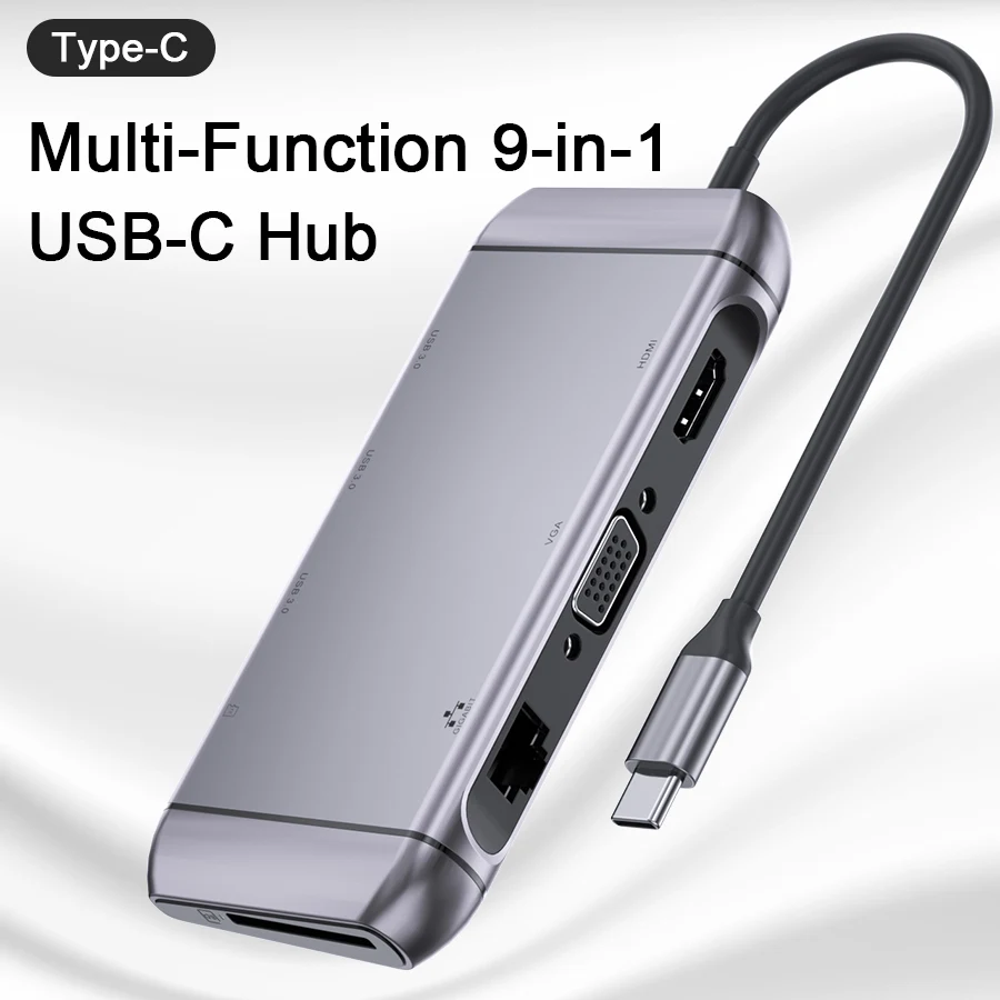Factory 9 in 1 Type C Dock Aluminium Alloy  SD Card Reader RJ45 LAN 3.1 3.0 VGA Video Transfer HDMI RJ45 PD