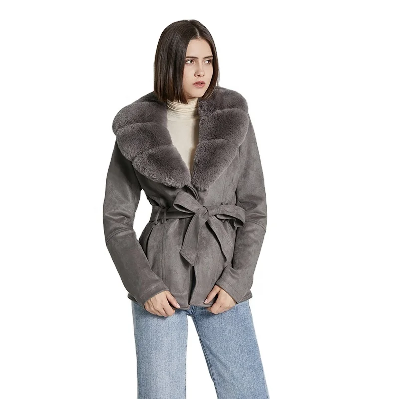 
Suede Fur Collar Jacket High-quality Suede Jacket Women Leather Jacket Soft Fabric Ladies Gray Winter Fashionable Female 45 S-XL 