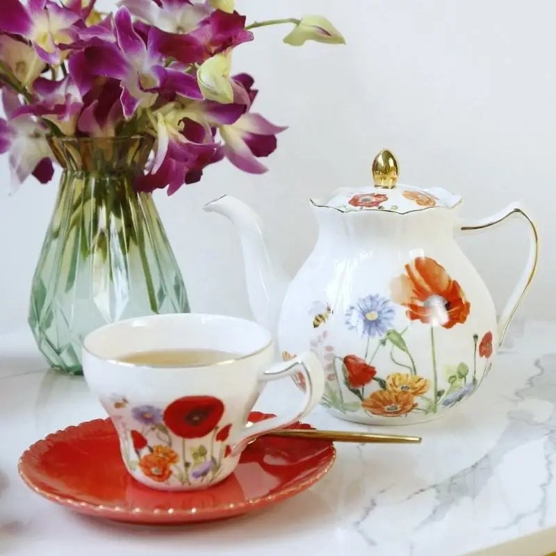 Пномпень светлая Роскошная керамическая чайная чашка и блюдце в форме красного мака