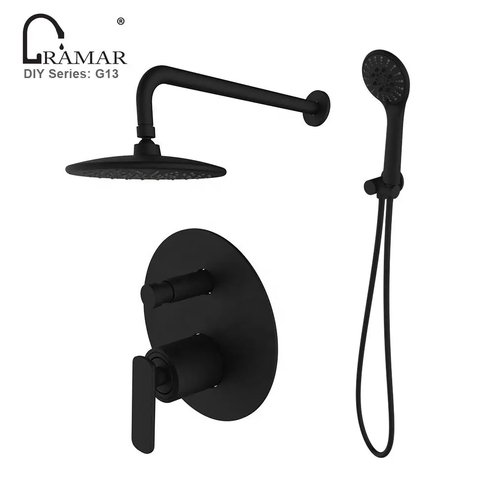 Solid Brass Built-in Bathroom Matt Black Shower Faucet Set without Hand Shower