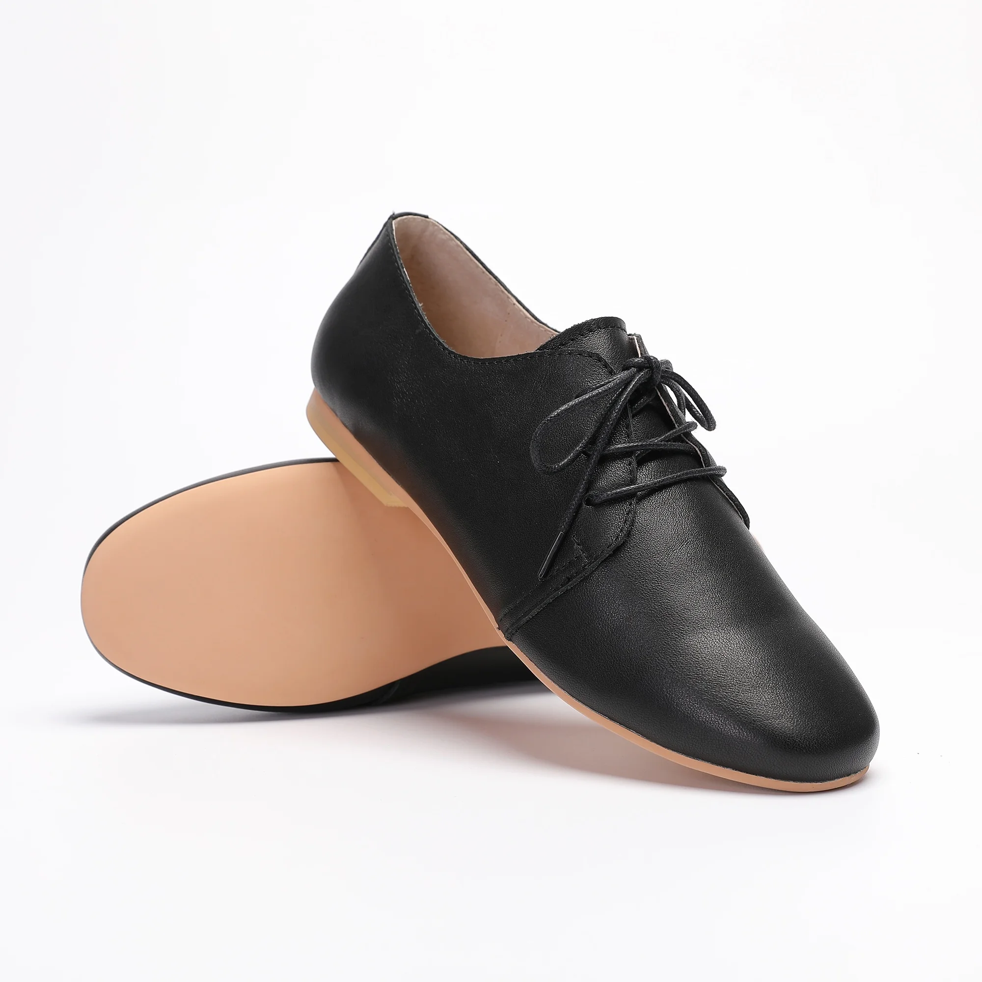 2024 Ladies Flat Casual Shoes Black Smooth Leather Classic Lace Up Oxford Shoes for Women