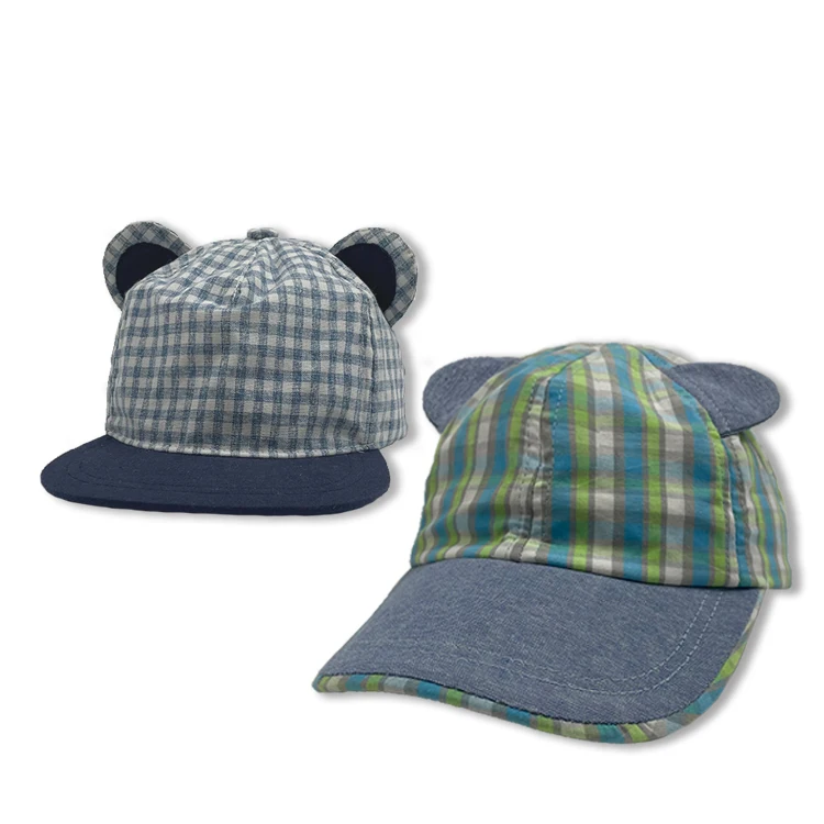 Kids baseball cap animal cap with ears on the top of cap fabric: 100% cotton y/d fabric with check design