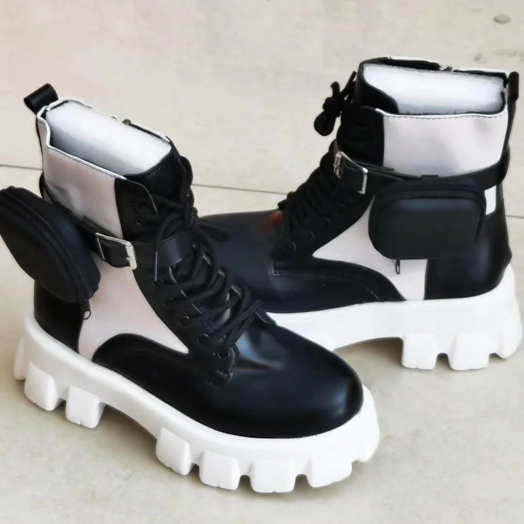 Autumn Big Size Anti-slip Thick Sole Lace Up Women Boots Buckle Round Toe Ankle Boots For Lady Platform Pocket Ornament Booties