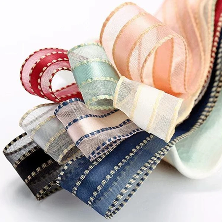 Transparent Flower Accessories Bow Tie Three-color Stitching Simple Snow Gauze Transparent Belt Line Ribbon Gift Webbing