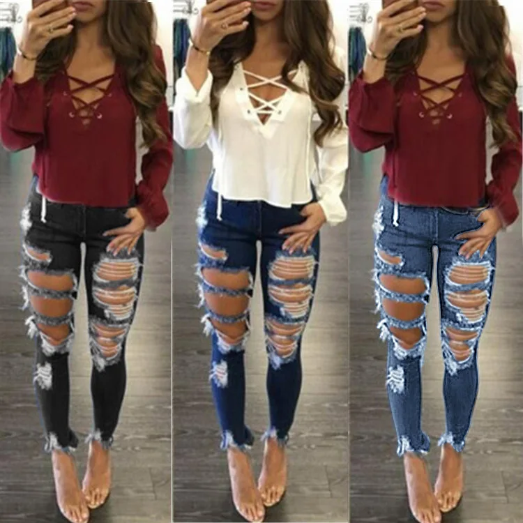 Drop shipping hole denim trousers skinny high-waist pencil ripped jeans pants for women
