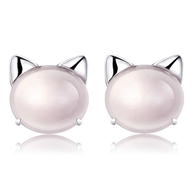 Fashion Female Cute Cat Stud Earring Jewelry Factory Wholesale Hibiscus Stone Powder Crystal Rose Quartz Earring