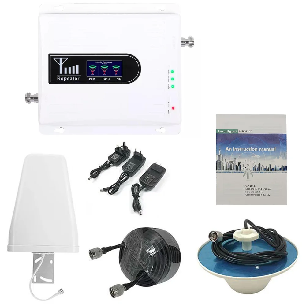 Full set of repeater 900 / 1800 / 2100mhz Tri band signal booster 2 / 3 / 4G mobile phone signal amplifier