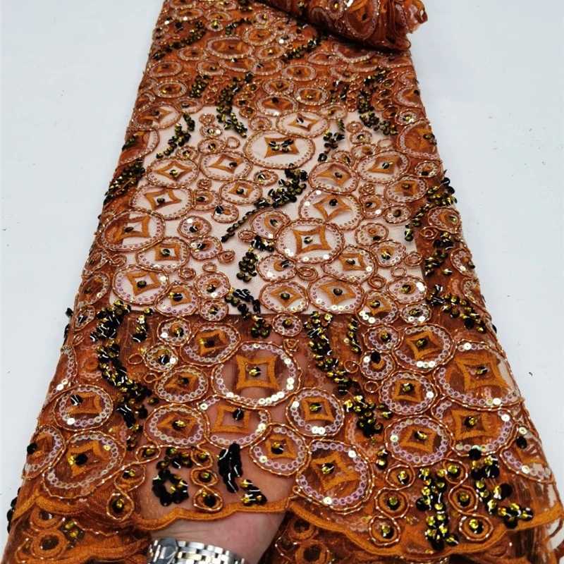 2024 China Wholesale Price Sequin Lace Fabric Embroidery Big Sunflower Sequin Beaded Fabric African Fabrics