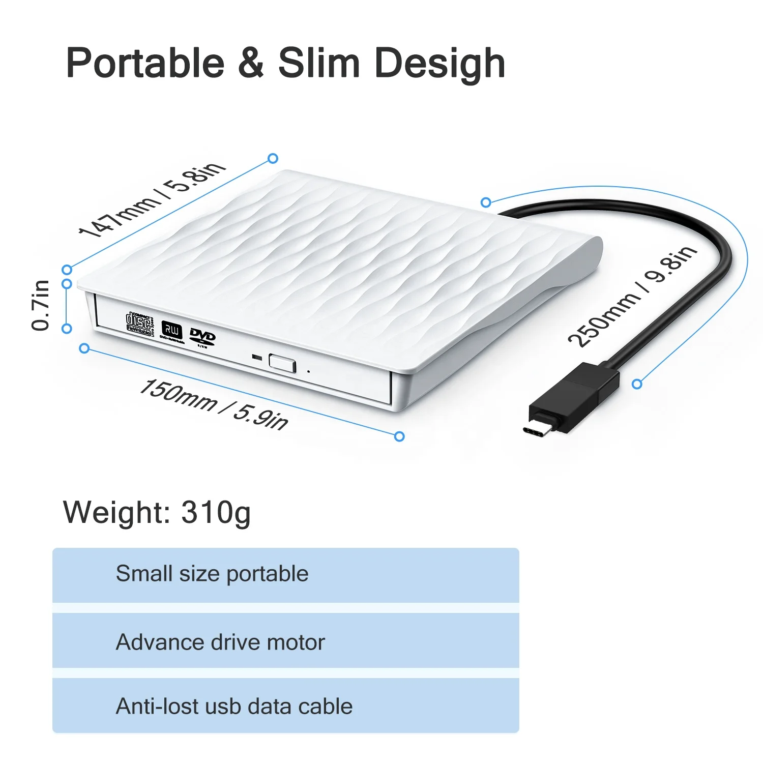  External DVD Drive USB 3.0 Portable CD/DVD +/-RW Slim ROM Rewriter Burner Laptop Desktop PC Optical 