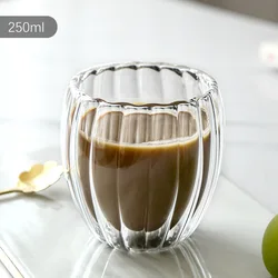Wholesale Simple Vertical Stripe Coffee Milk Juice Transparent Double Wall Borosilicate Glass Cup