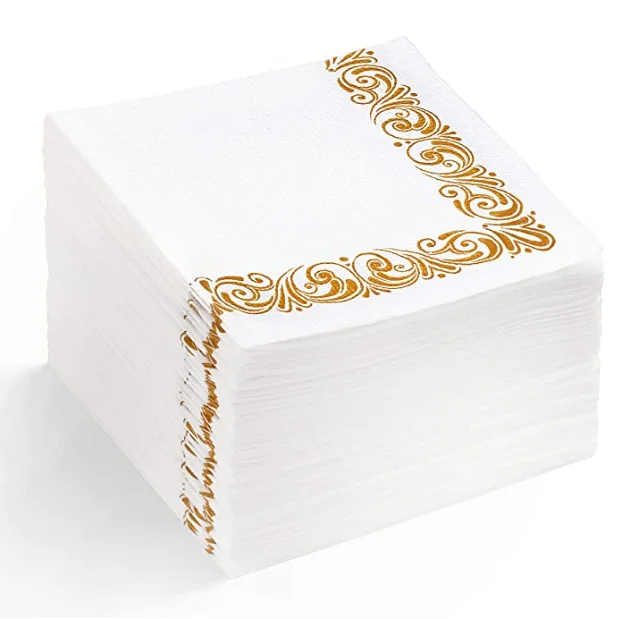 White & Gold Floral airlaid beverage napkins--Disposable Linenlike Fancy Flowered Paper Napkins For Bathroom