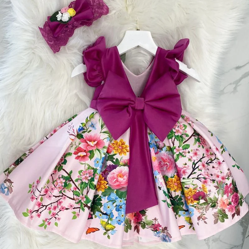 2022 New Party Bow Backless V Neck Floral Print Kids Elegant Princess Dress Hairband 2PCS Children Clothes Wedding Girls Dresses