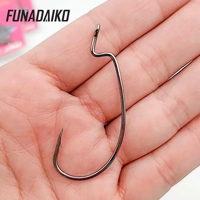 FUNADAIKO High Carbon Steel Extra Strength Freshwater Saltwater Fishing Hooks Offset Shank Worm Jig Fish Hook