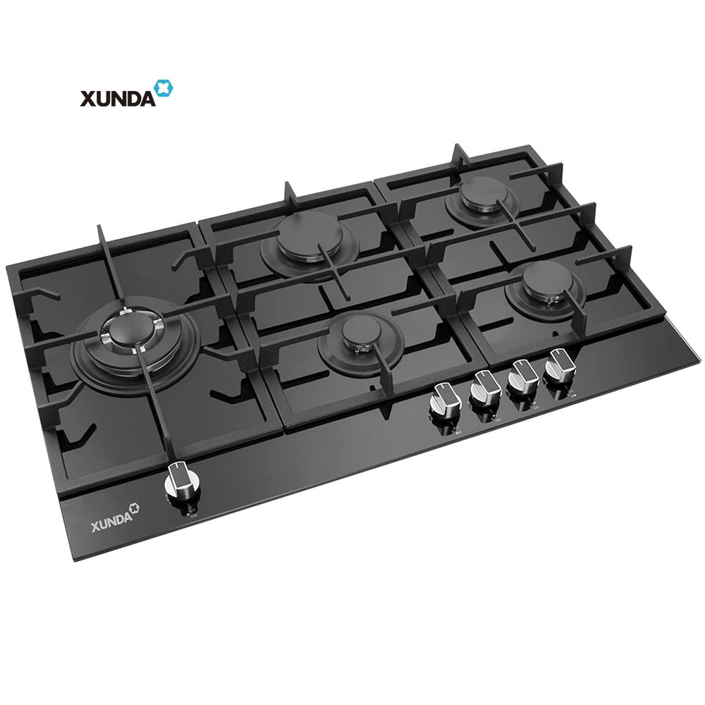 Xunda Custom Tempered Glass Gas Stove 5 Burner Gas Cooker Home Appliances Kitchen Hob 5 Burner