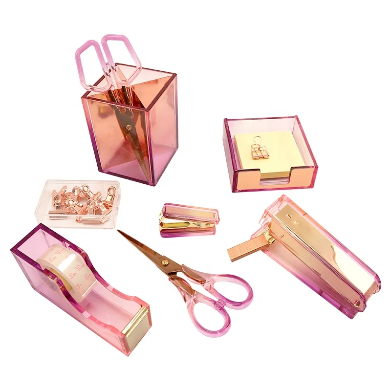 JSM Gift Box Set 6In1 Custom Acrylic Stapler Tape Dispenser Pen Holder Scissor Memo Box For School Student