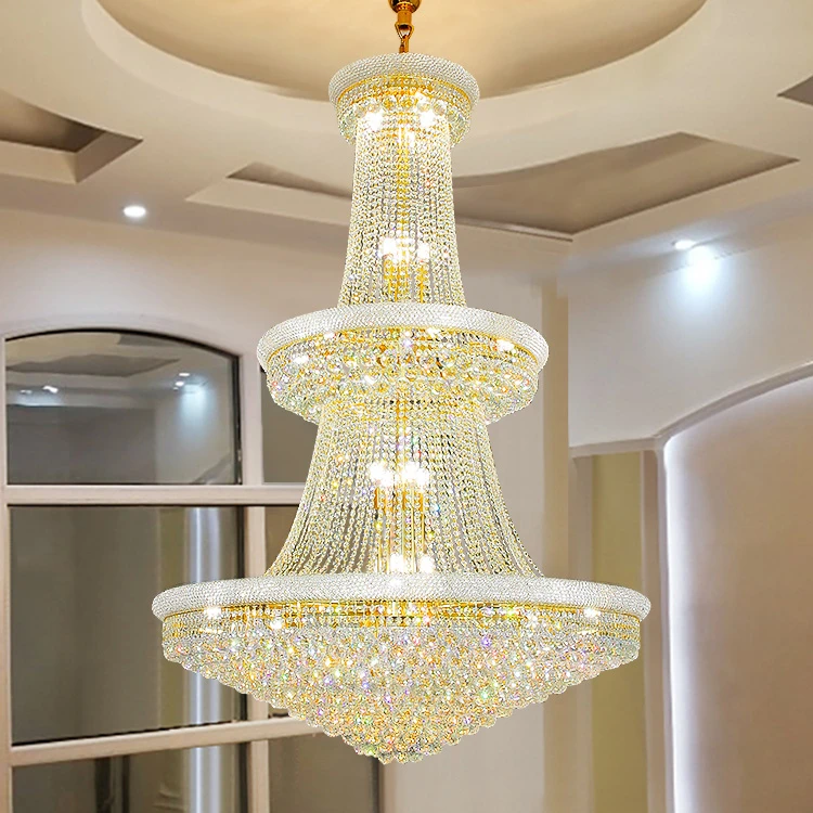 New Luxury High Ceiling Chandelier Pendant Light Hotel Round Gold Hang Lamp Home Wedding Hall Decor Modern Crystal Chandelier